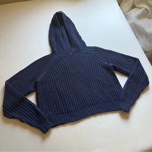 CHRISTINA LEHR blue knit boxy cropped hoodie long sleeve pullover sweater